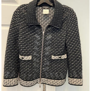 CHANEL  2010 TWEED NAVY ZIPPED JACKET BLAZER Sz 36 Embellished Cashmere Mohair